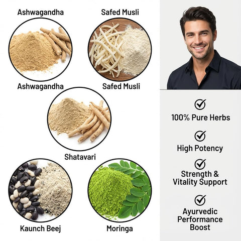Advanced Men’s Performance Combo | Ashwagandha, Safed Musli, Shatavari, Kaunch Beej & Moringa Powder | Pack of 5 x 100g