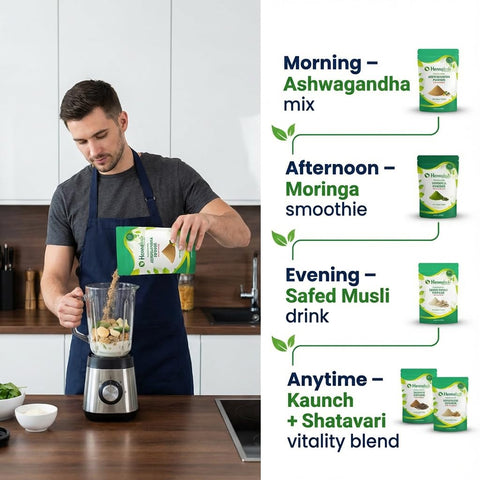 Advanced Men’s Performance Combo | Ashwagandha, Safed Musli, Shatavari, Kaunch Beej & Moringa Powder | Pack of 5 x 100g
